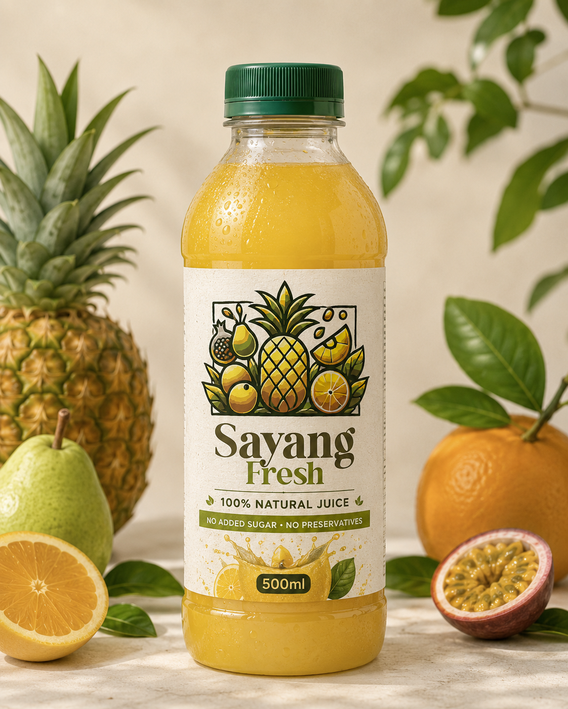 SayangFresh cold-pressed juice bottle surrounded by fresh fruits